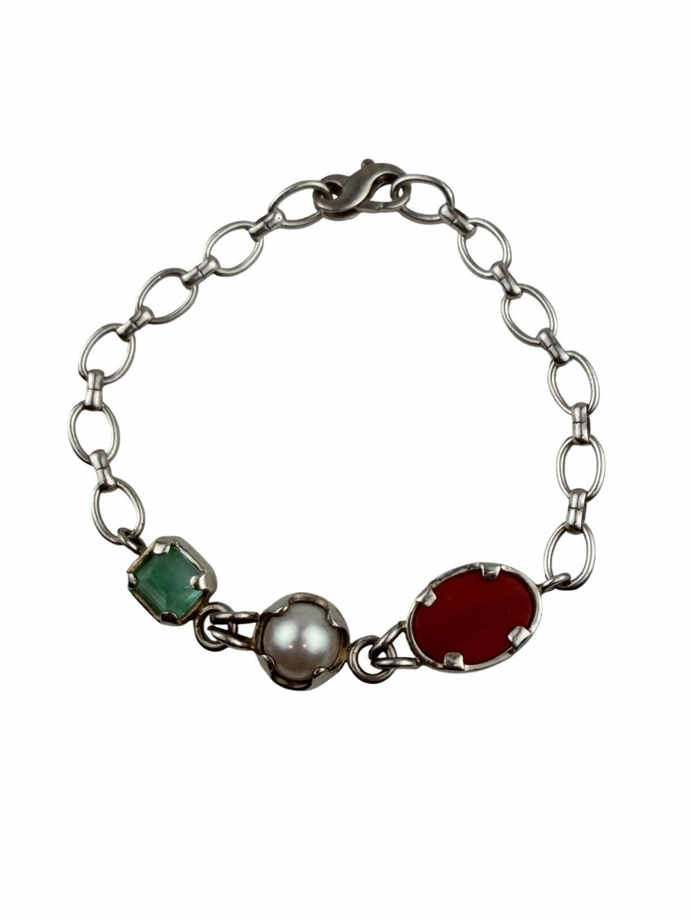 Real Pearl, Red & Green Gemstone Sterling Silver Bracelet 7.25"